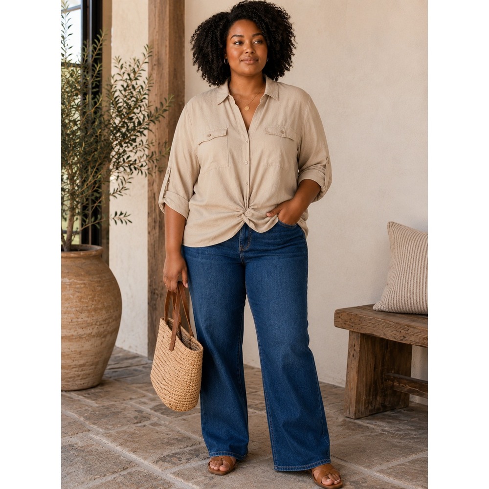 INC International Concepts Tan Linen Blend Faux Wrap Twist Front Blouse XXL